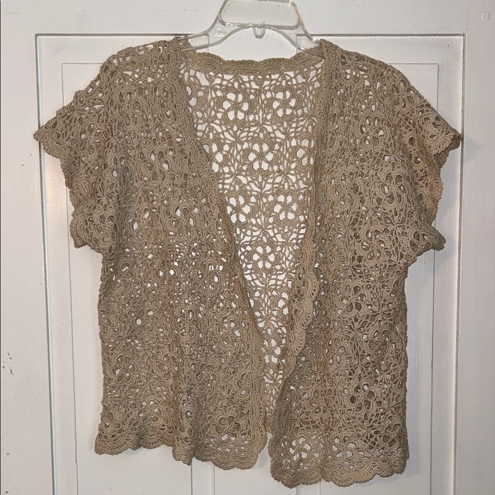Womens Crochet Top Open Front Scalloped Hem Edges Coastal Grandma Cottage Fairy
